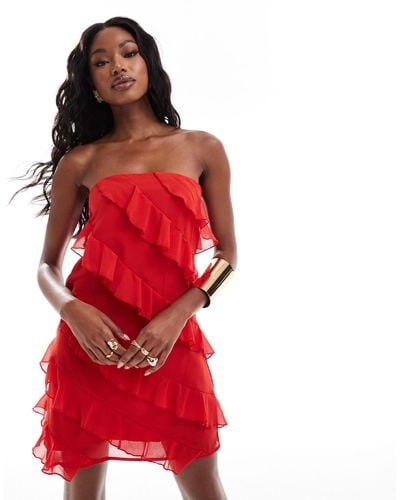 In The Style X Perrie Sian Exclusive Bandeau Ruffle Trim Mini Dress - Red