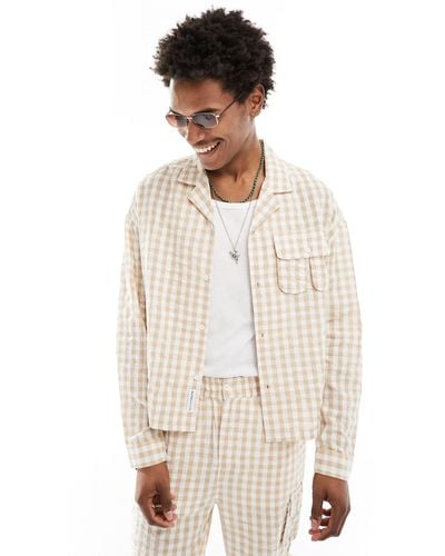 Native Youth Cropped Oversized Fit Textured Check Shirt - Natural
