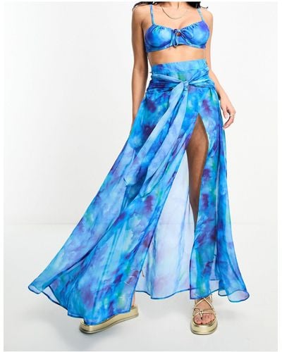Aria Cove Split Front Tie Waist Beach Skirt Co-ord - Blue