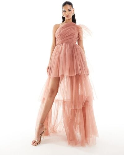 LACE & BEADS One Shoulder Tulle Maxi Dress - Pink