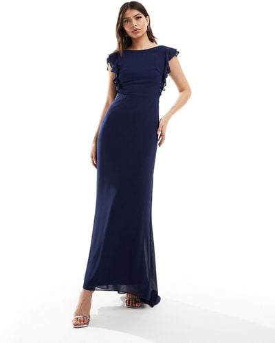 TFNC London Bridesmaid Chiffon Twist Back Maxi Dress With Flutter Sleeve - Blue
