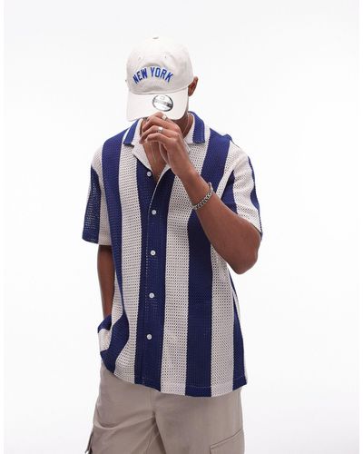 TOPMAN Short Sleeve Crochet Stripe Shirt - Blue