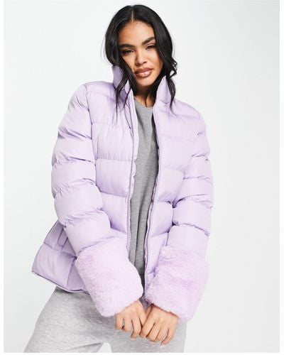 Threadbare Ski Puffer Jacket With Faux Fur Cuffs - Purple
