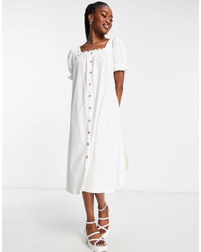 Pieces Exclusive Puff Sleeve Midi Button Through Dress - White