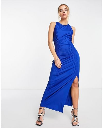 ONLY Ruched Maxi Dress With Side Split - Blue