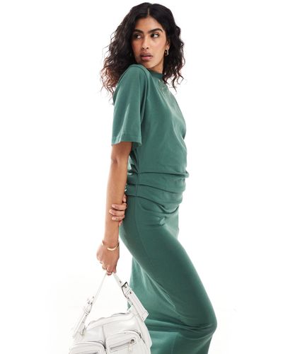 ASOS Short Sleeve Gathered Waist With Side Split Maxi Dress - Green