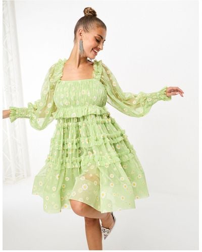 LACE & BEADS Exclusive Long Sleeve Tulle Smock Mini Dress - Green