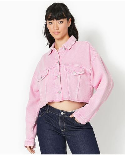 Pimkie Cropped Oversized Denim Jacket With Raw Hem - Pink