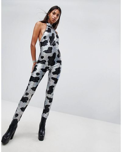 Jaded London High Neck Jumpsuit In Sequin Cow Print - Multicolour