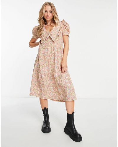 Monki Floral Print Tiered Midi Dress With Collar Detail - Natural