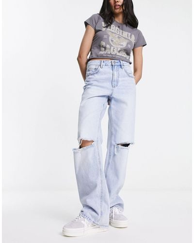 Stradivarius 90s baggy Dad Jean With Rips - Blue
