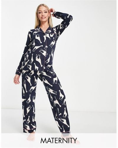 Chelsea Peers Zwangerschapskleding - Pyjamaset Van Shirt Met Lange Mouwen En Broek Met Giraffenprint - Blauw