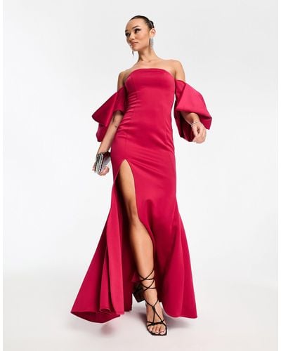 ASOS Off Shoulder Bodycon Premium Maxi Dress With exaggerated Sleeves - Red