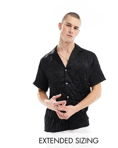 ASOS Short Sleeve Relaxed Deep Revere Collar Satin Shirt - Black