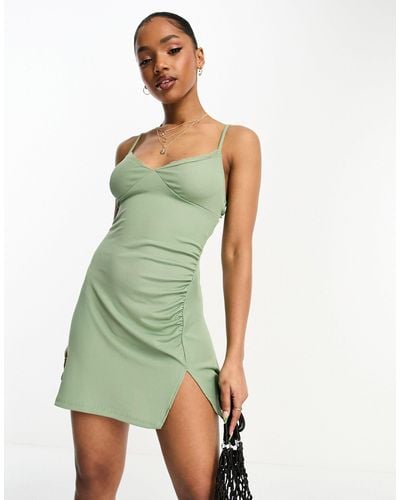 Bershka Lace Trim Ruched Side Ribbed Mini Dress - Green