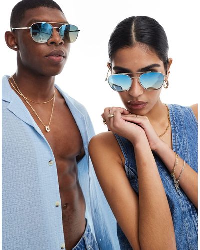 Le Specs Metaphor - occhiali da sole aviatore argentati con lenti blu