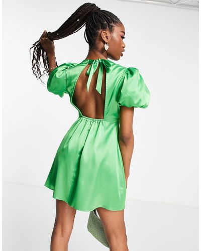 Miss Selfridge Satin Volume Sleeve Backless Mini Dress - Green