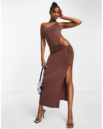 Trendyol One Shoulder Maxi Dress With Cut Out - Brown