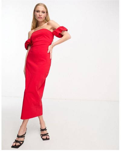 Vesper Bardot Frill Sleeve Maxi Dress - Red
