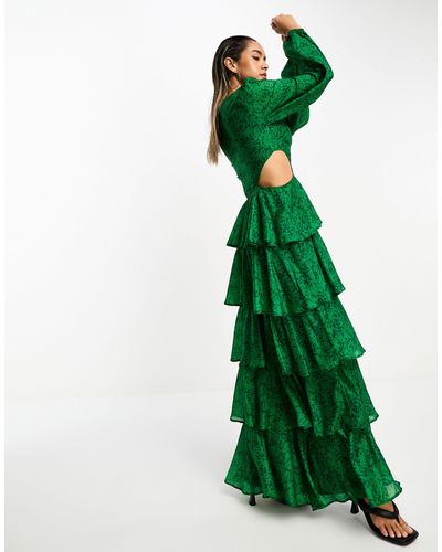 Pretty Lavish Long Sleeve Cut-out Ruffle Maxi Dress - Green