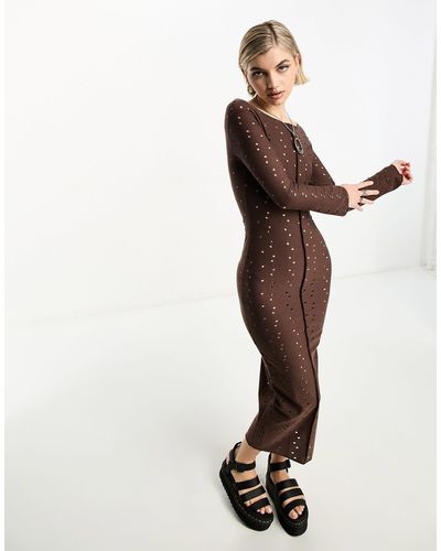 Collusion Hole Detail Long Sleeve Maxi Dress - Brown