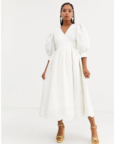Sister Jane Dream Midaxi Wrap Dress With Volume Sleeves And Scallop Hem - White