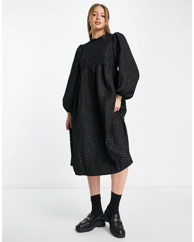 Y.A.S Textured Oversized Smock Midi Dress - Black