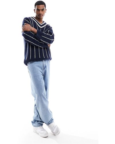 GANT – college-strickpullover mit nadelstreifen und v-ausschnitt aus schafwolle - Blau
