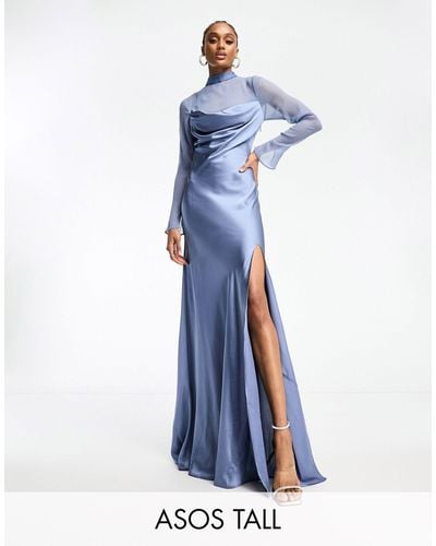 ASOS Asos Design Tall Satin Cowl Maxi Dress With Chiffon Layer - Blue
