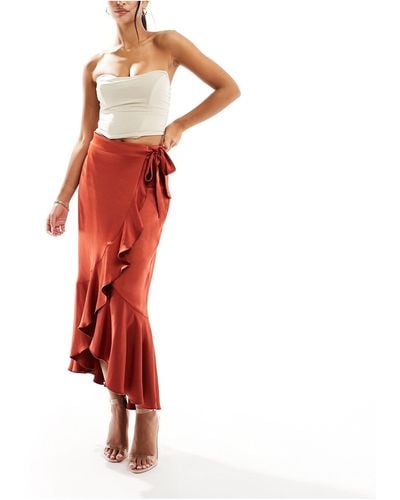 Flounce London Satin Wrap Midaxi Skirt - Red