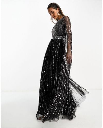 Frock and Frill Allover Embellished Maxi Dress With Cape Detail - Black