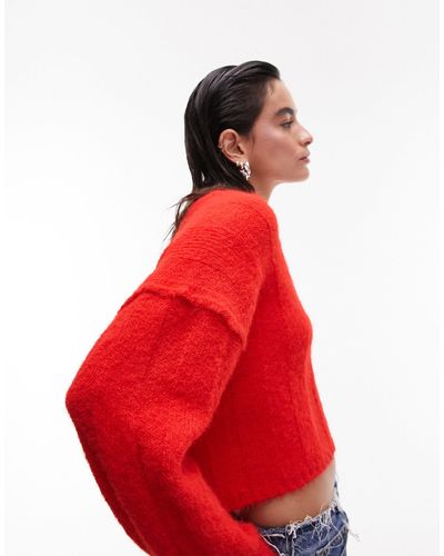 TOPSHOP Knitted Fluffy Rib Crop Jumper - Red