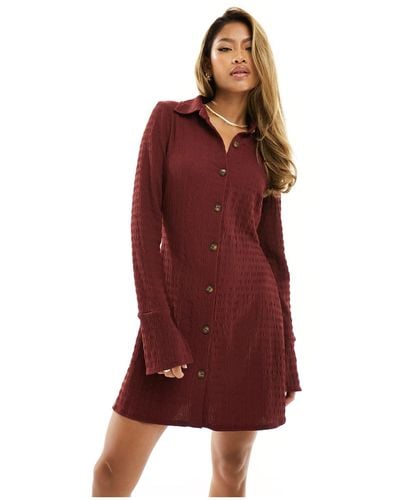 ASOS Textu Long Sleeve Mini Dress With Button Front And Collar - Red