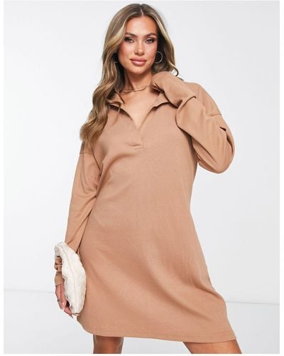 Missguided Ribbed Collared Mini Dress - Natural