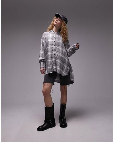 TOPSHOP Relaxed Long Sleeve Oversized Check Shirt - Grey