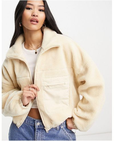 Urban Revivo Cropped Fleece Puffer Jacket - Natural