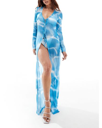 Vero Moda – maxi-kimono aus netzstoff mit ozean-printmuster - Blau