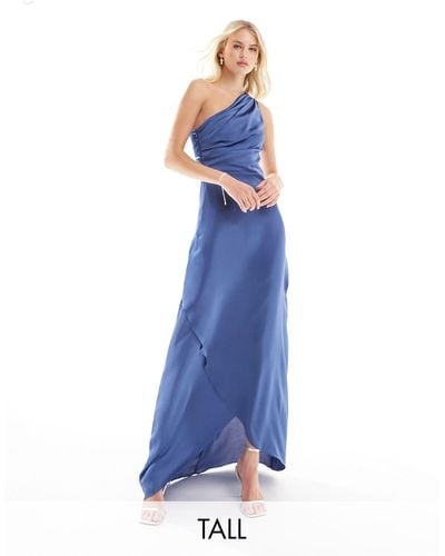 TFNC London Bridesmaid Satin One Shoulder Maxi Dress With Wrap Skirt - Blue