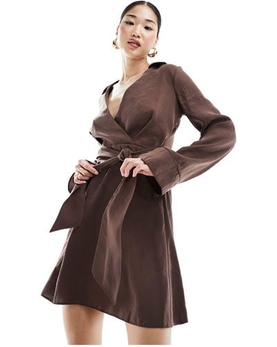 ASOS Wrap Collar Mini Dress With Tie Waist And Deep Cuff - Brown