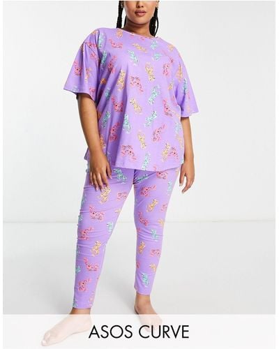 ASOS Asos Design Curve - Pyjamaset Van Oversized T-shirt En legging Met Dino- En Kreeftenprint - Paars