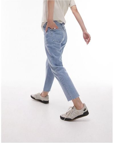 Topshop Unique Jean droit raccourci à taille mi-haute et ourlets bruts - délavé - Blanc