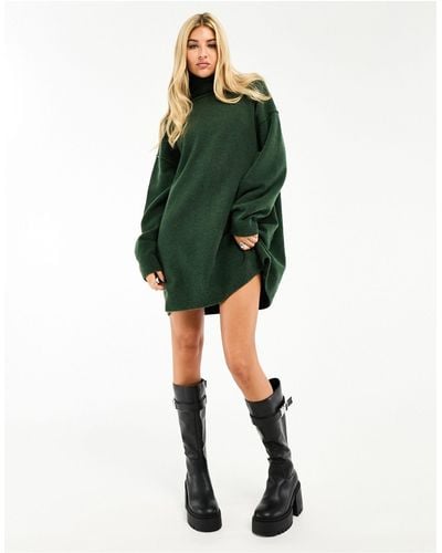 Weekday Annie Wool Blend Roll Neck Mini Knitted Jumper Dress - Green
