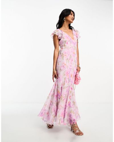 Mango Premium Floral Asymmetric Hem Midi Dress - Pink