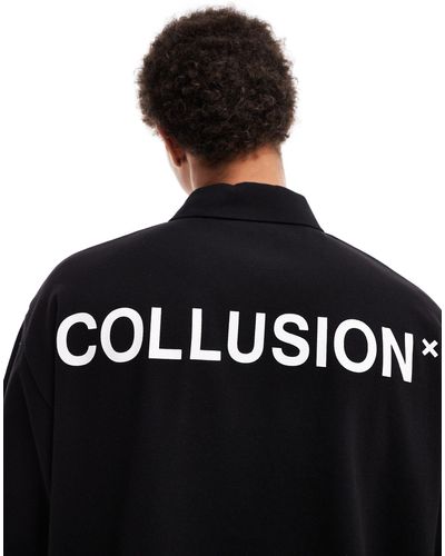Collusion T-shirt stile polo nera con stampa sulla schiena - Nero