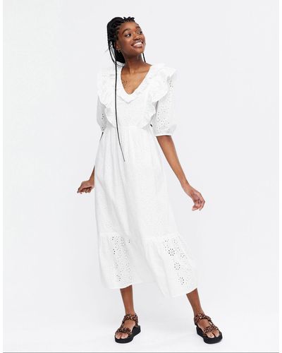 New Look Broderie Ruffle Midi Dress - White