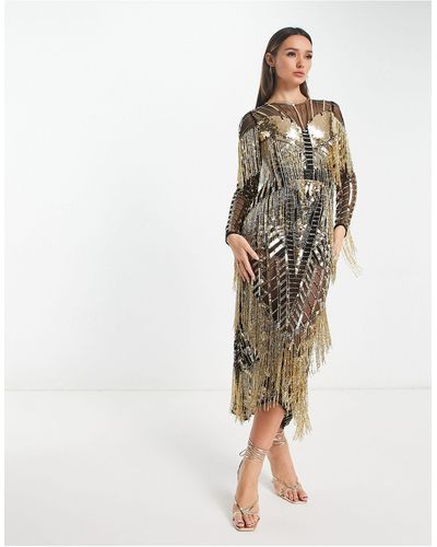 ASOS Sequin And Fringe Artwork Long Sleeve Bodycon Midi Dress - Natural