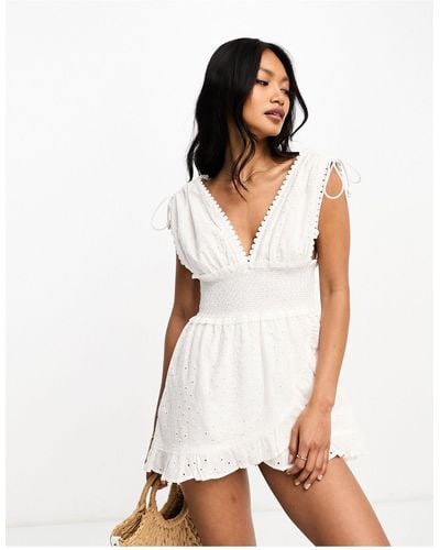 River Island Broderie Detail Plunge Playsuit - White