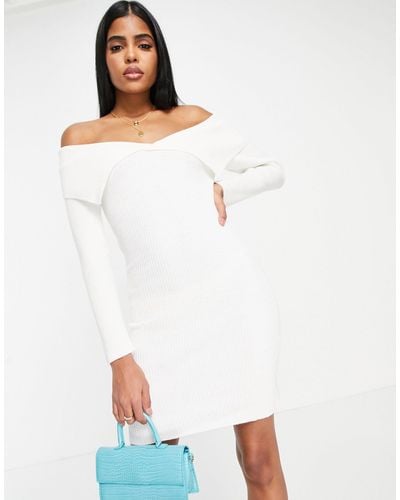 Miss Selfridge Foldover Rib Knit Mini Dress - White