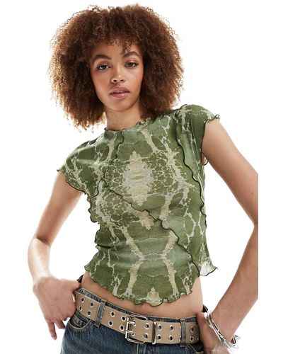 Collusion Textured Print Cap Sleeve Top - Green