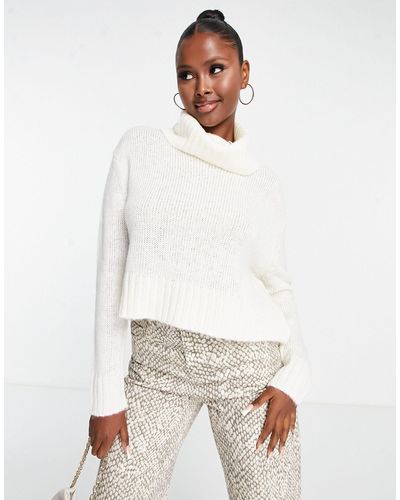 Brave Soul Cattio Boxy Cropped Roll Neck Sweater - White